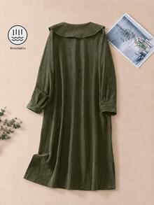 Women's Solid Color Retro Corduroy Oversized Lapel Single-Breasted Long Sleeve Coat, Winter - Army Green - View 4