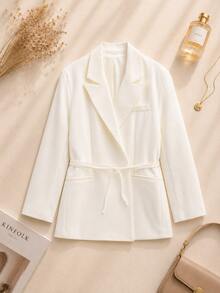Solid Color Waist Belt Casual Long Sleeve Jacket, Suitable For Spring And Autumn White - White - View 1