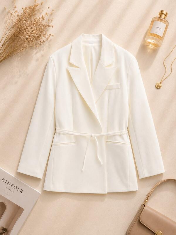 Solid Color Waist Belt Casual Long Sleeve Jacket, Suitable For Spring And Autumn White