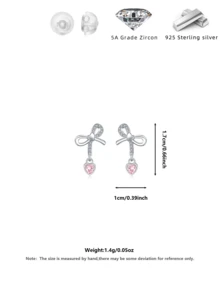 1 Pair S925 Silver Pink Bow Pendant Earrings, Sparkling Zirconia Inlaid, 18K Gold Plated, Elegant Jewelry Set, Suitable For Women's Daily Casual, Party, Travel, Comes With Exquisite Gift Box, Suitable For All Seasons - Silver - View 7