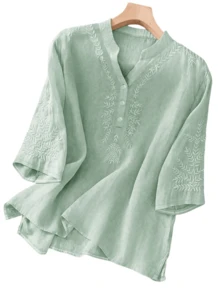 Women's Spring/Summer 100% Cotton Solid Color Vintage Embroidered Loose Casual Linen Blouse, Versatile For Commute, Holiday, Elegant Embroidered Cotton Shirt - Mint Green - View 5