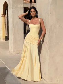 Elegant Sexy Asymmetric Ruched Summer Spaghetti Strap Maxi Bodycon Dress, Women's Nightclub Cocktail Party Dress, Yellow - Yellow - View 1