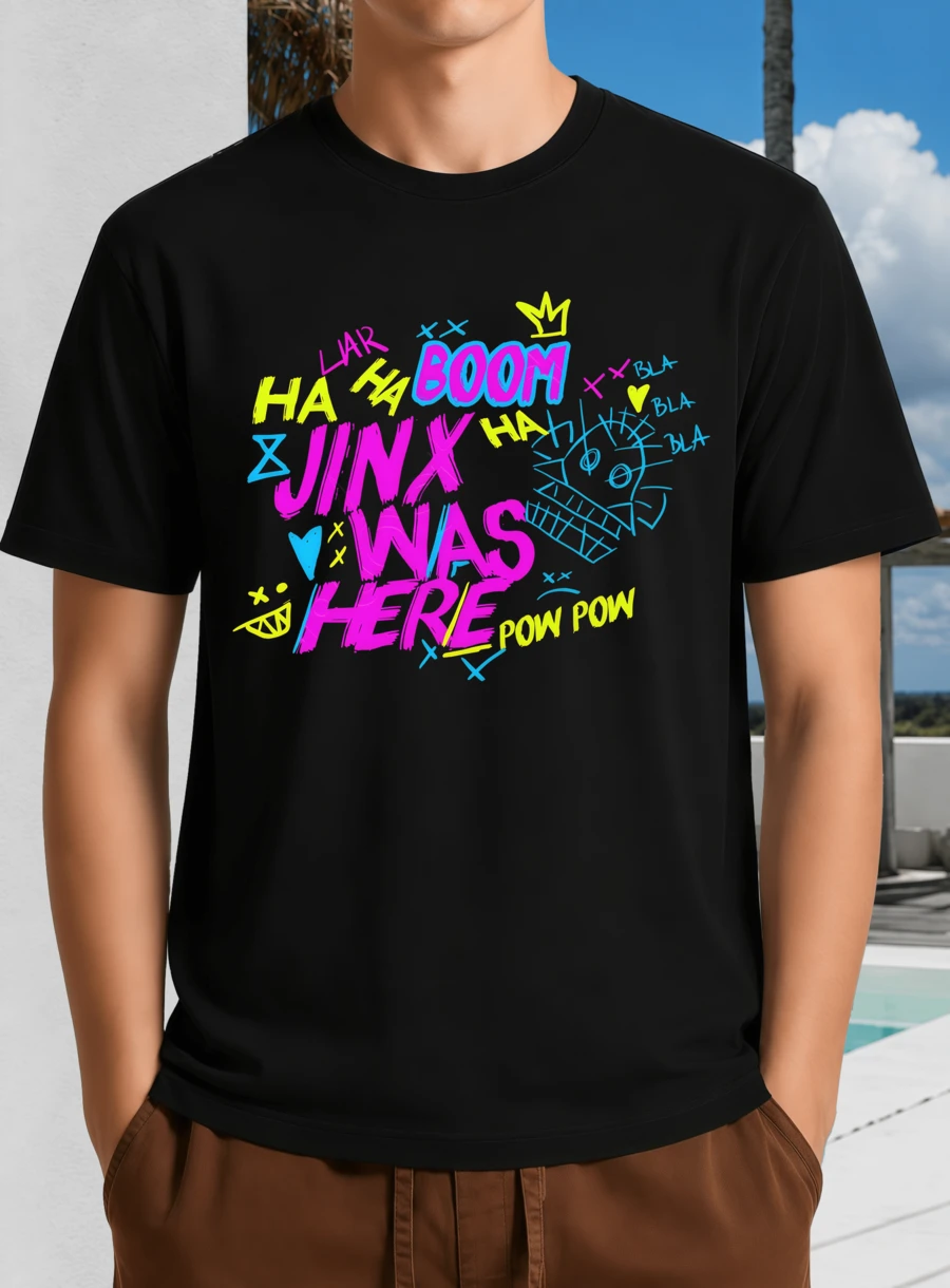 Black Unisex T-Shirt With Jinx Graffiti Lettering "Jinx Was Here" - Colorful Street Art Anime Style - Black - View 1