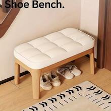 Solid Wood Button-Tufted Upholstered Shoe Bench, Soft Padded Backrest Entryway Shoe Changing Stool, Minimalist Low-Profile Shoe Bench, Multi-Functional Hallway Bedroom Living Room Furniture - Natural Wood Color + White - View 2