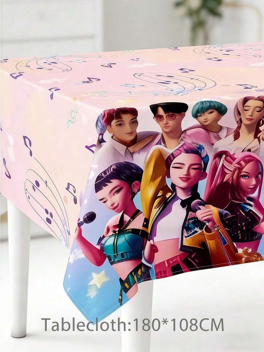 1片K-Pop偶像動漫主題一次性桌布,卡通裝飾桌罩,返校生日粉絲派對裝飾用品,隨機款式 - 彩色 - 查看 1