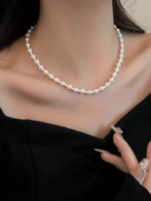 1件混尺寸珍珠串珠項鍊，時尚極簡分層珍珠串項鍊，優雅精緻頸鍊，適合女孩和女性，灰色收納袋（珍珠數量隨機） - 銀色 - 查看 1