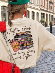 Minimalist. 100% Cotton. 1 Piece. New Women's Summer T-Shirt With Colorful Letter And Coffee-Colored Book Print, Crew Neck, Short Sleeves, Pink, Fashionable And Versatile, Suitable As A Women's Everyday Top, For Leisure And Spring Holidays. Spring/Summer Top. - 白色 - 查看 1