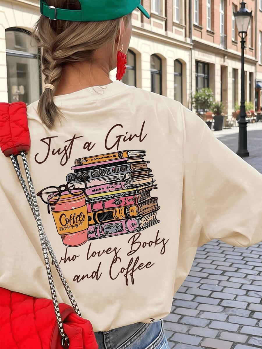 Minimalist. 100% Cotton. 1 Piece. New Women's Summer T-Shirt With Colorful Letter And Coffee-Colored Book Print, Crew Neck, Short Sleeves, Pink, Fashionable And Versatile, Suitable As A Women's Everyday Top, For Leisure And Spring Holidays. Spring/Summer Top. - 白色 - 查看 1