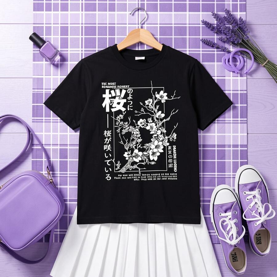 Camiseta de hombre con estampado de flores de cerezo japonesas - Estampado en blanco y negro con texto japonés, camisa de verano holgada, informal y formal, prenda li - Negro - Ver 1