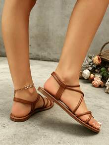 2026 New Lace-Up Flat Sandals For Women, Casual Commuting, Minimalist Daily Outfit, Simple & Comfortable Slip-On Beach Flat Sandals - Brown A98 - View 5
