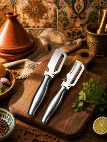 2pcs Stainless Steel Handle Multi-Function Vegetable Peeler, Odorless Stainless Steel Peeler, 2-In-1 And 3-In-1 Kitchen Tool With Scallion Grater And Bottle Opener, Suitable For Home Cooking - Multicolor - View 11
