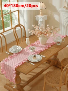 1/20PCS French Style Plaid Vintage Ruffle Edge Table Runner, Suitable For Living Room, Dining Room, Holiday Party, Family Gathering, Wedding Banquet, Birthday Table Decoration, Washable - Pink - View 8