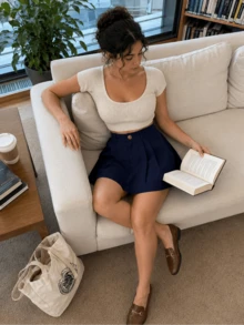女款時尚短款寬腿短褲，梭織布料設計，附鈕扣口袋與拉鍊開合，適合休閒、學院風、夏季穿著，美學風格 - 查看 9