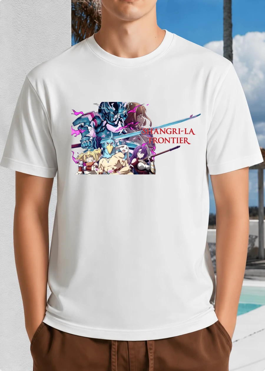 White Unisex T-Shirt With Shangri-La Frontier Group Photo - Anime Fantasy Adventure Crew Design - White - View 1