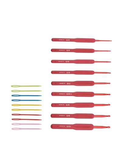 [19pcs]Red Silicone Handle Crochet Hook Set, 2.0-6.0mm 9 Common Sizes + 10 Colorful Sewing Needles, Suitable For Various Crochet Projects, From Fun Small Fabrics To Large Works