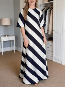 Women's Bold Diagonal Stripe Maxi Dress - Black And White Flared Sleeve Long Dresses Elegant Geometric Shift Kaftan - 黑與白 - 查看 2