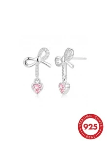 1 Pair S925 Silver Pink Bow Pendant Earrings, Sparkling Zirconia Inlaid, 18K Gold Plated, Elegant Jewelry Set, Suitable For Women's Daily Casual, Party, Travel, Comes With Exquisite Gift Box, Suitable For All Seasons - Silver - View 2