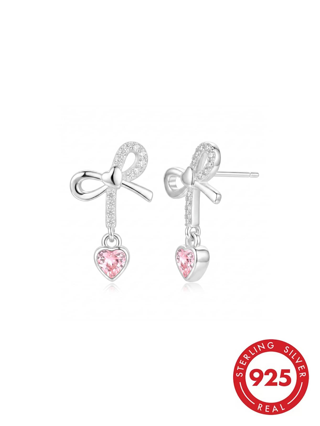 1 Pair S925 Silver Pink Bow Pendant Earrings, Sparkling Zirconia Inlaid, 18K Gold Plated, Elegant Jewelry Set, Suitable For Women's Daily Casual, Party, Travel, Comes With Exquisite Gift Box, Suitable For All Seasons