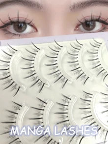 5 Pairs Cartoon Style False Eyelashes Natural & Lengthening Suitable For Cosplay Reusable Create Natural & Lightweight Anime Makeup Look Transparent Lash Bands Suitable For Beginners Daily Use Can Be Used For Eyelash Extensions - Black - View 2