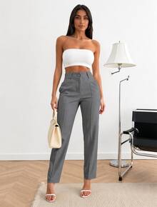 Women's Tailored Trousers, Social Casual, High-Waisted, Elegant And Comfortable, With Pockets And Covered Button. - Grey - View 3