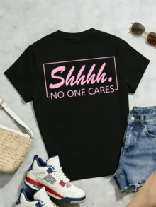 Women's Soft And Casual Short-Sleeved T-Shirt With A Round Neck, Featuring A "Shhhh No One Cares" Graphic Print In Pink, Ideal For Spring And Summer. - 黑色 - 查看 5