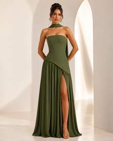 High-Low Contrast Halterneck Gown - Asymmetric Cut-Out Maxi Dress With Draped Necktie & High Leg Slit Party Dress - 軍綠色 - 查看 1