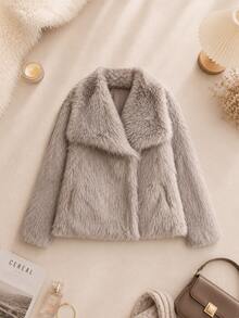 Solid Color Fluffy Collar Coat - Light Grey - View 1