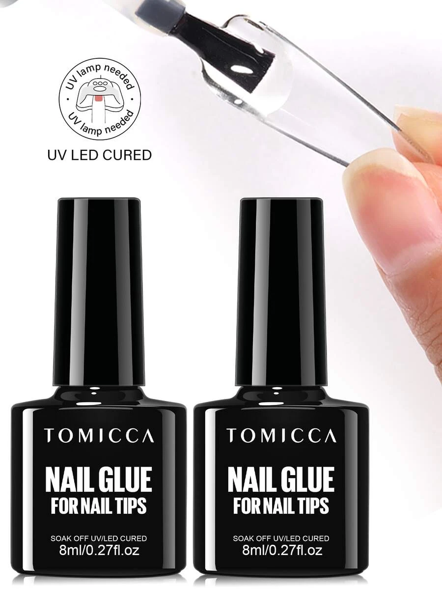 TOMICCA 2pcs/Pack 8ml Fake Nail Glue, LED/UV Light Fast Curing, Soak-Off Removable, Long-Lasting Adhesion, Suitable For DIY Nail Art Home And Salon