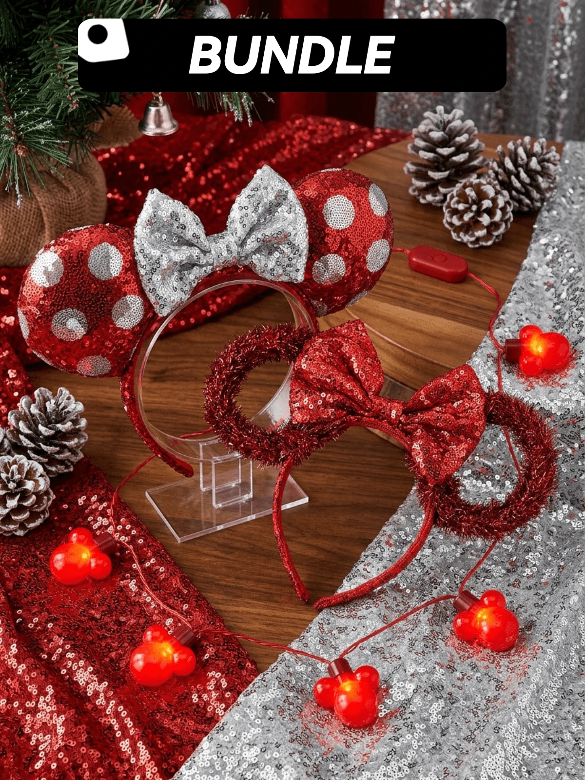 [Combo&Save] Bộ băng đô tai Minnie Mouse Disney đính sequin đỏ & băng đô tai đỏ & dây chuyền phát sáng – nhẹ và có thể điều chỉnh, vừa vặn thoải mái, chất liệu bền cho trẻ em, phụ kiện hóa trang, trang sức trẻ em, quà tặng hoàn hảo cho trẻ em, quà tặng cho fan Minnie Mouse, tiệc sinh nhật & quà tặng du lịch - Nhiều màu - Xem 1