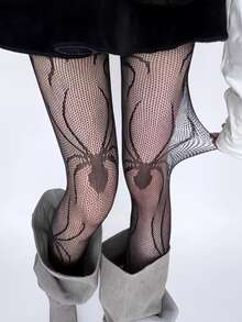 Black Lace Hollow Fishnet Sexy Spider Web Pantyhose, Rip-Resistant Tights For Autumn & Spring - Black - View 6