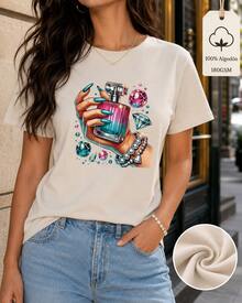 Women's Graphic Tee With Perfume, Nail, And Sparkly Jewelry Print, 100% Breathable Cotton, Short Sleeves, Round Neck, Soft And Comfortable, Casual Summer Top For Everyday Wear - 卡其色 - 查看 2