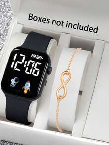2pcs Electronic Watch Set, Silicone Strap LED Digital Wristwatch With Infinity Symbol Bracelet, Versatile Gift For Students - Multicolor - View 2