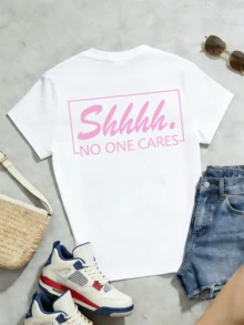 Women's Soft And Casual Short-Sleeved T-Shirt With A Round Neck, Featuring A "Shhhh No One Cares" Graphic Print In Pink, Ideal For Spring And Summer. - 白色 - 查看 5