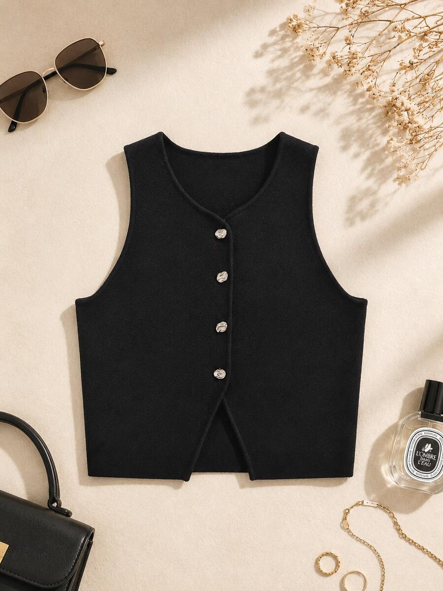 Women's Autumn Solid Color Single-Breasted Sleeveless Knit Tops - Black - View 1
