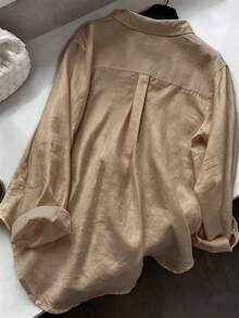 Women's Casual Solid Color Front Button Curved Hem Shirt - Khaki - View 2