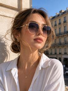 1 par de gafas de moda con marco de metal y borde geométrico personalizado con textura para mujer, adecuadas para actividades al aire libre, vacaciones y desplazamientos - Multicolor - Ver 2