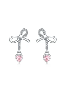 1 Pair S925 Silver Pink Bow Pendant Earrings, Sparkling Zirconia Inlaid, 18K Gold Plated, Elegant Jewelry Set, Suitable For Women's Daily Casual, Party, Travel, Comes With Exquisite Gift Box, Suitable For All Seasons - Silver - View 4