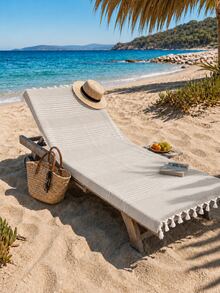100% Cotton Turkish Beach Towel - Striped Peshtemal With Tassels- Quick-Dry & Soft Boho Beach Blanket - Light Grey - View 4