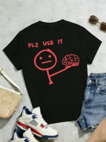 Women's Soft And Casual Short-Sleeved Crew Neck T-Shirt, Red With Fun Graphic Print "Plz Use It" For Spring And Summer Wear. - 黑色 - 查看 5