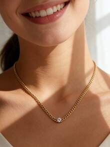 Collar de cadena cubana chapada en oro con un solo diamante de circonita para mujer, estilo minimalista personalizado, adecuado para el uso diario en el trayecto al trabajo y en el lugar de trabajo, regalo ideal para entusiastas de la moda - Dorado - Ver 3