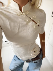 Women's Autumn White Cheongsam Top Mandarin Collar Traditional Frog Button Casual Shirts For Women Short Sleeve Textured Polyester Blouse - 白色 - 查看 5