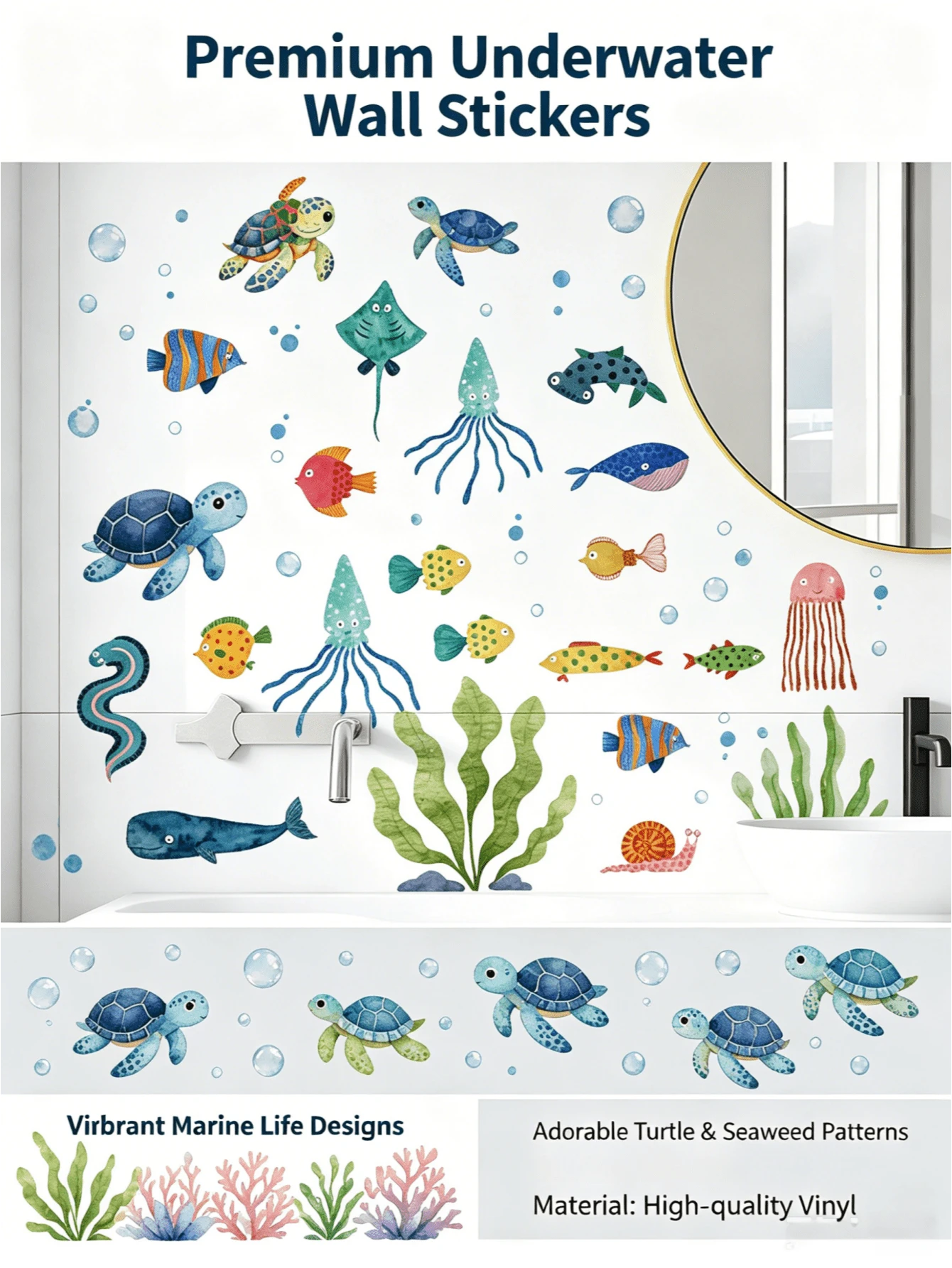 1pc Ocean Series Wall Sticker, Colorful Marine Animals, Suitable For Creating Underwater Theme Rooms, Early Education Institutions, And Children's Playgrounds Decoration. Waterproof, Oil-Resistant, Removable And Self-Adhesive PVC Sticker, Ocean Style Wall Decor For Children's Room And Bathroom. - Wall Stickers - View 1