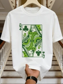 Men's Summer Casual Soft Round Neck Short Sleeve T-Shirt,The Playing Card Queen Print Graphic Fits For Spring And Summer Wear. - White - View 5