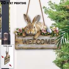 2D Flat, 1pc Hanging Rabbit Welcome Sign, Home Decor, Spring Gift, Easter Decoration, Cute Style Wall Decor, Childlike Home Sign, Gift For Rabbit Lovers, Porch Decor, Yard Wall Decor, Outdoor Wall Decor - A - View 4