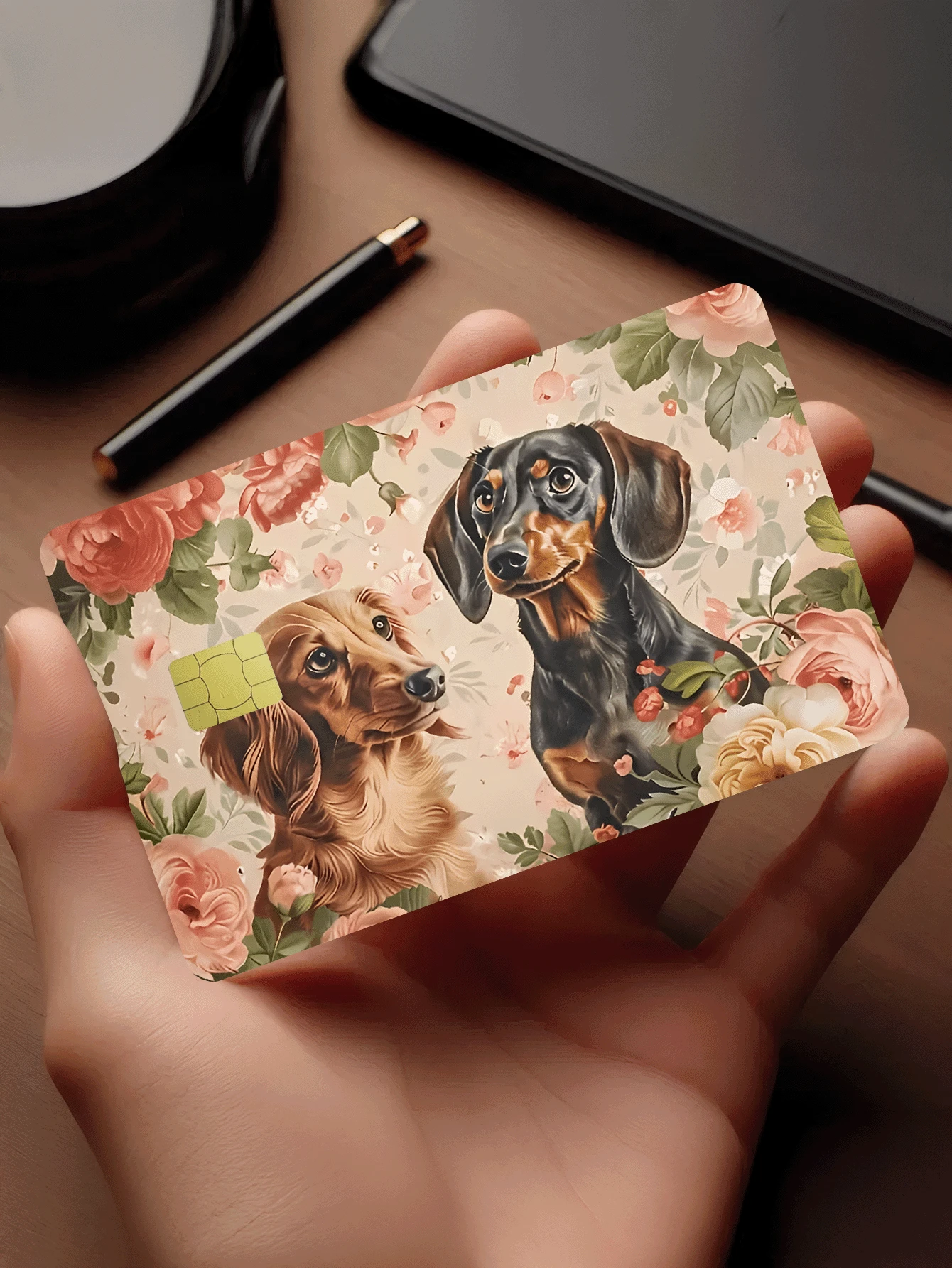 1pc Golden Retriever & Flower Credit Card Sticker Protector, Cute Pet Party Birthday Gift, PVC Material Anti-Fingerprint Anti-Scratch Wear-Resistant Skin, Suitable For Men, Women, Couples, Small Chip Cards, Bank Cards, Credit Cards, Transit Cards, Student Campus Cards DIY - Type a - View 1