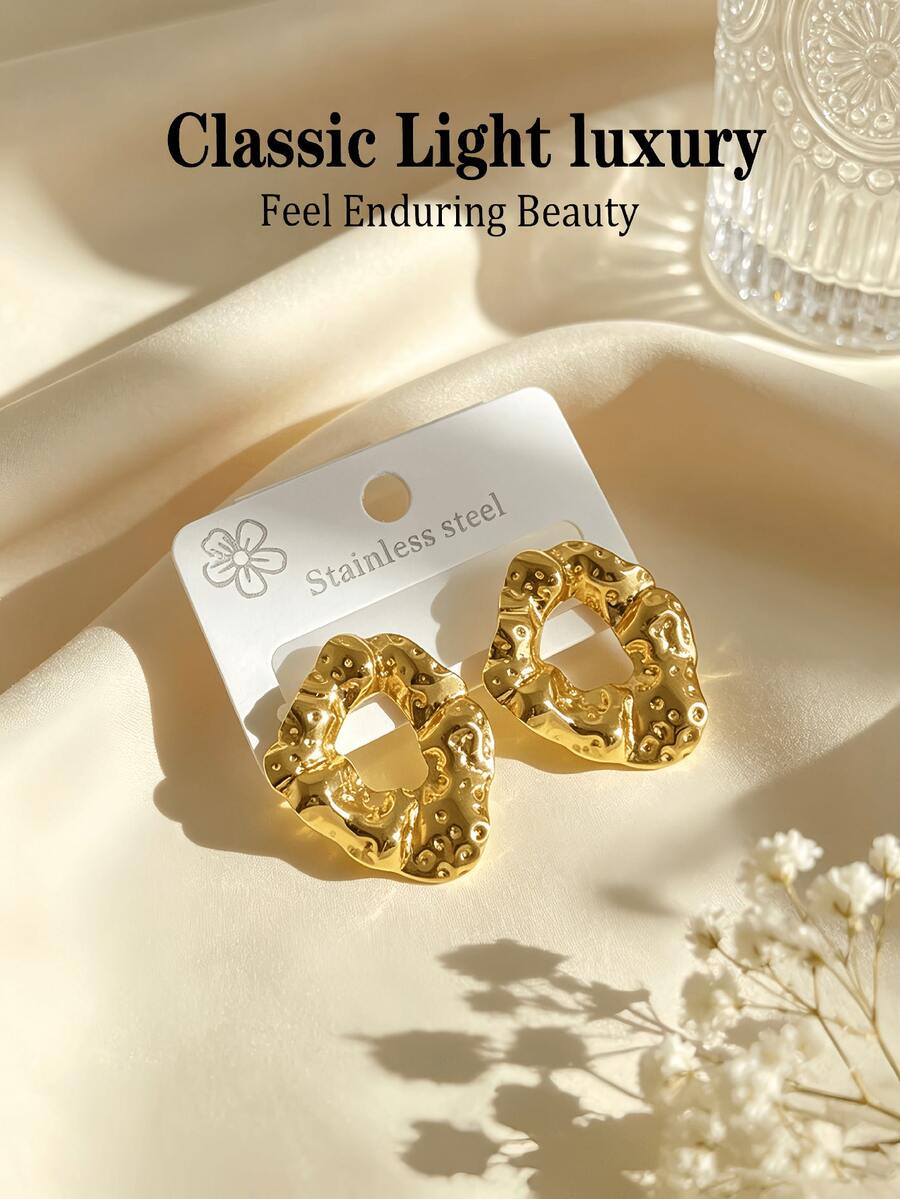 Low Allergenic Stainless Steel Gold-Plated Earrings, Fashionable Geometric Texture Pendant, Thick Design Elegant Earrings For Women, Lightweight Earrings With Matte Finish, Perfect Party Gift, Unique Jewelry Set, Exquisite Fashionable Earrings For Girlfriends - Multicolor - View 1