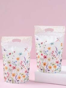 10入/25入花卉印花派對禮品袋，春季野花與蜻蜓圖案零食收納袋，附提把塑膠拉鍊糖果袋，適用生日、婚禮派對伴手禮 - 春天野花糖果袋 - 查看 10