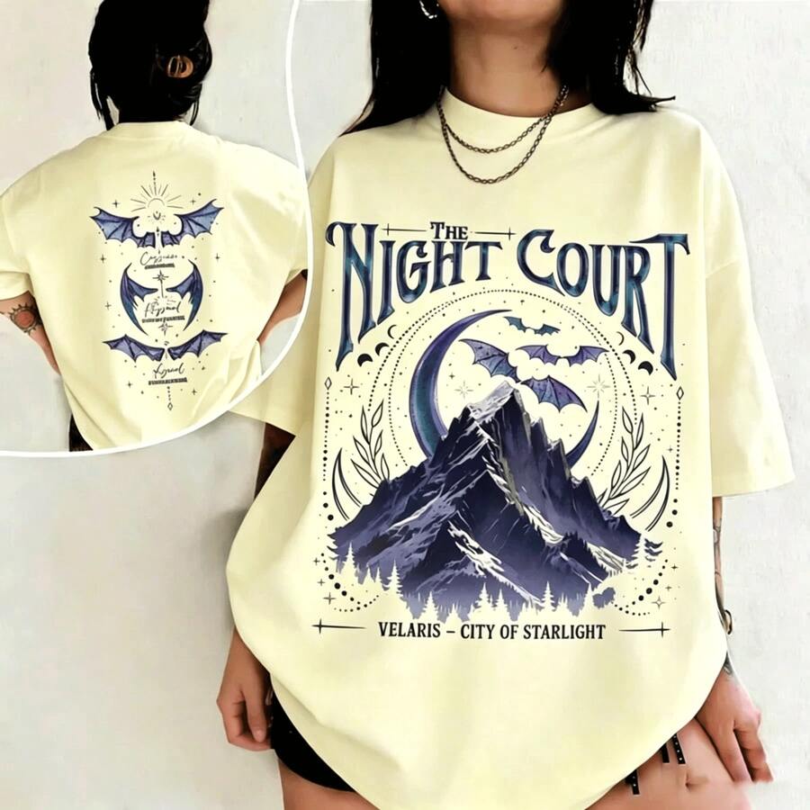 Velaris The Night Court Acotar Two-Sided Comfort Shirt, Velaris The Night Court Shirt, Court Of Dreams, Inner Circle Acotar Tee-Unisex Summer Casual Vintage Cotton Printed T-Shirts For Couples - 黃色 - 查看 1