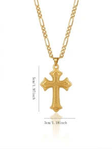 1pc 18K Gold Plated Vintage Cross Necklace Unisex, Rice Grain Textured Bead Christian Pendant With Figaro Chain, Minimalist Religious Jewelry, Women's Gold Floral Heart-Shaped Cross Necklace, Exquisite Christian Pendant, Vintage Sacred Heart Jewelry Gift, Girl/Women Gift, Family Gift - Gold - View 8