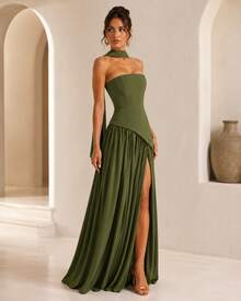 High-Low Contrast Halterneck Gown - Asymmetric Cut-Out Maxi Dress With Draped Necktie & High Leg Slit Party Dress - 軍綠色 - 查看 2